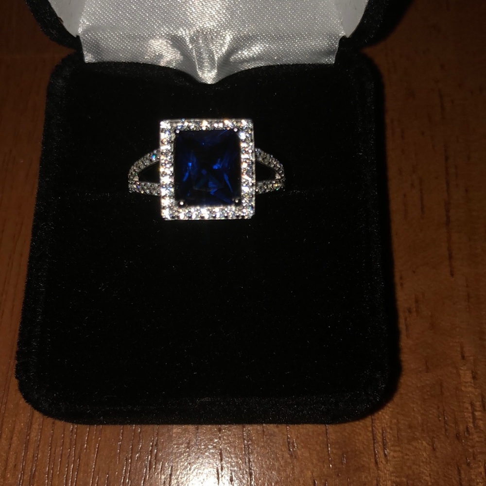 Sterling silver blue sapphire halo ring